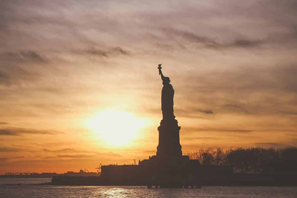 statue of liberty, sunset