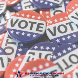 Vote buttons and US Immigration Bonds logo, relevant to how the upcoming election could affect immigration bonds.